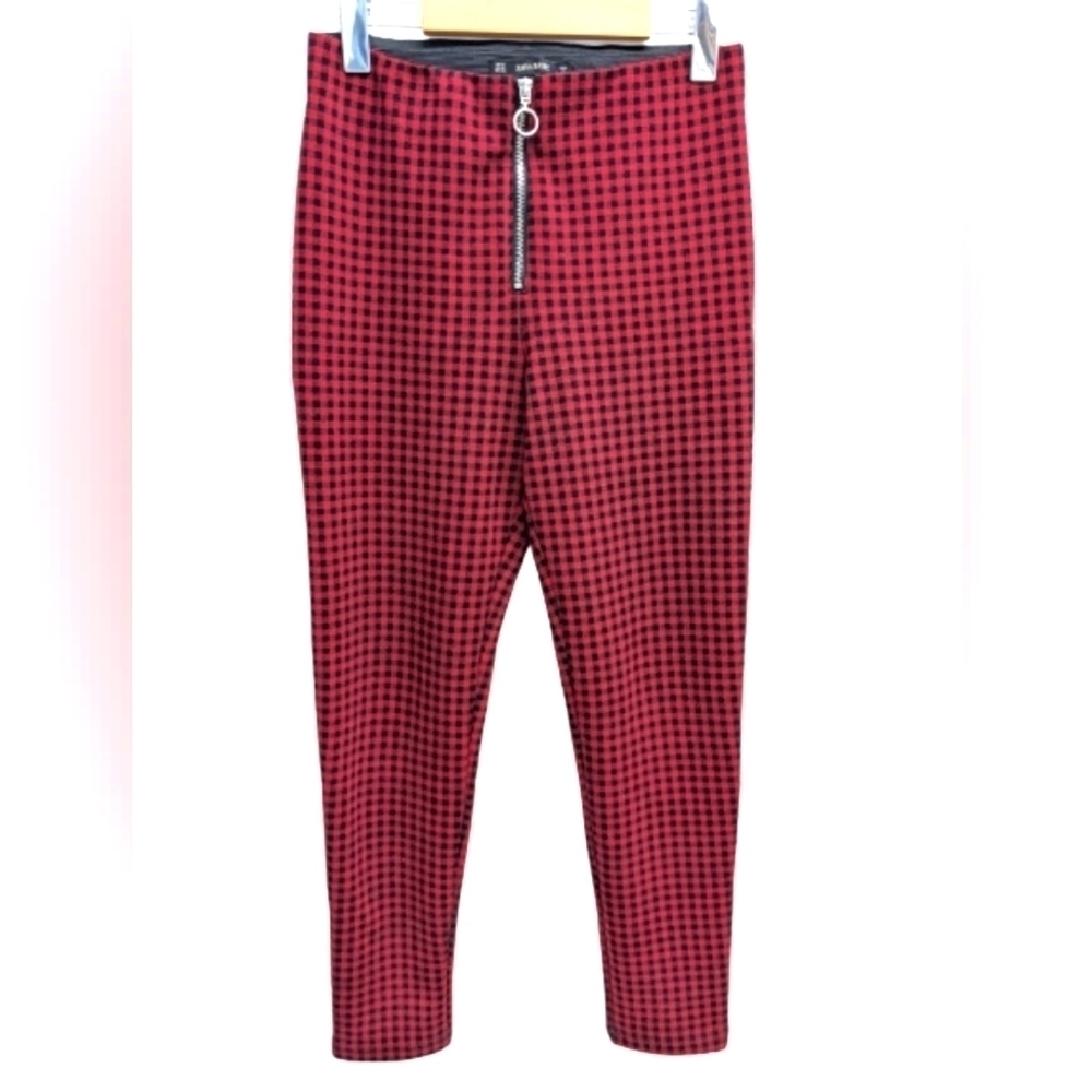 Zara womens black red gingham check slim high rise leggings trousers size M